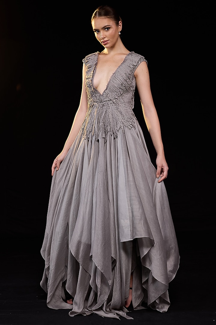Grey Cotton Silk Ruched Wedding Gown by Samant Chauhan at Pernia's Pop Up Shop