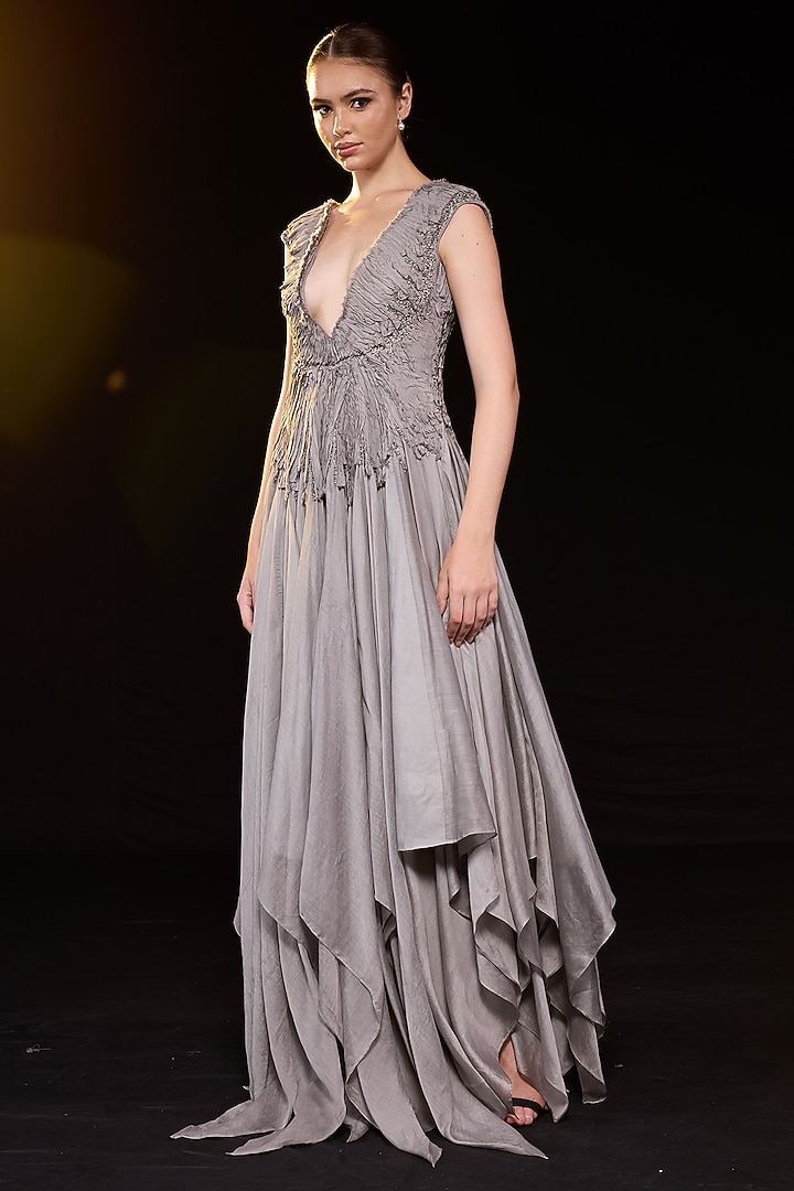 Grey Cotton Silk Ruched Wedding Gown by Samant Chauhan at Pernia's Pop Up Shop