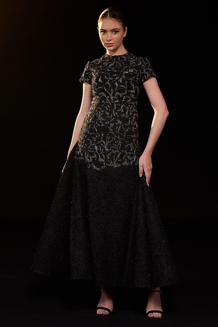 Black Cotton Silk Embroidered Wedding Gown by Samant Chauhan at Pernia's Pop Up Shop