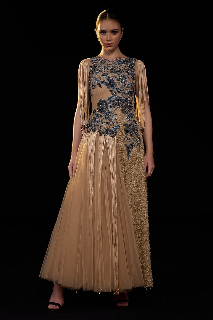 Beige Cotton Silk Embroidered Wedding Gown by Samant Chauhan at Pernia's Pop Up Shop