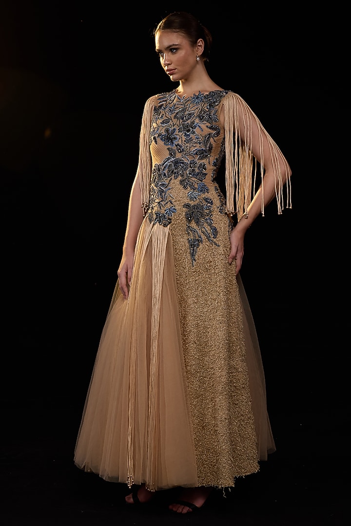 Beige Cotton Silk Embroidered Wedding Gown by Samant Chauhan at Pernia's Pop Up Shop