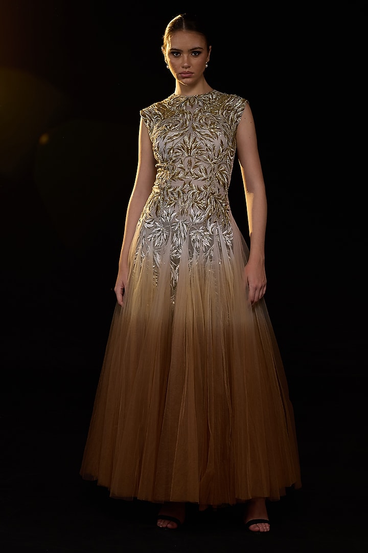 Beige Cotton Silk Embroidered Wedding Gown by Samant Chauhan at Pernia's Pop Up Shop