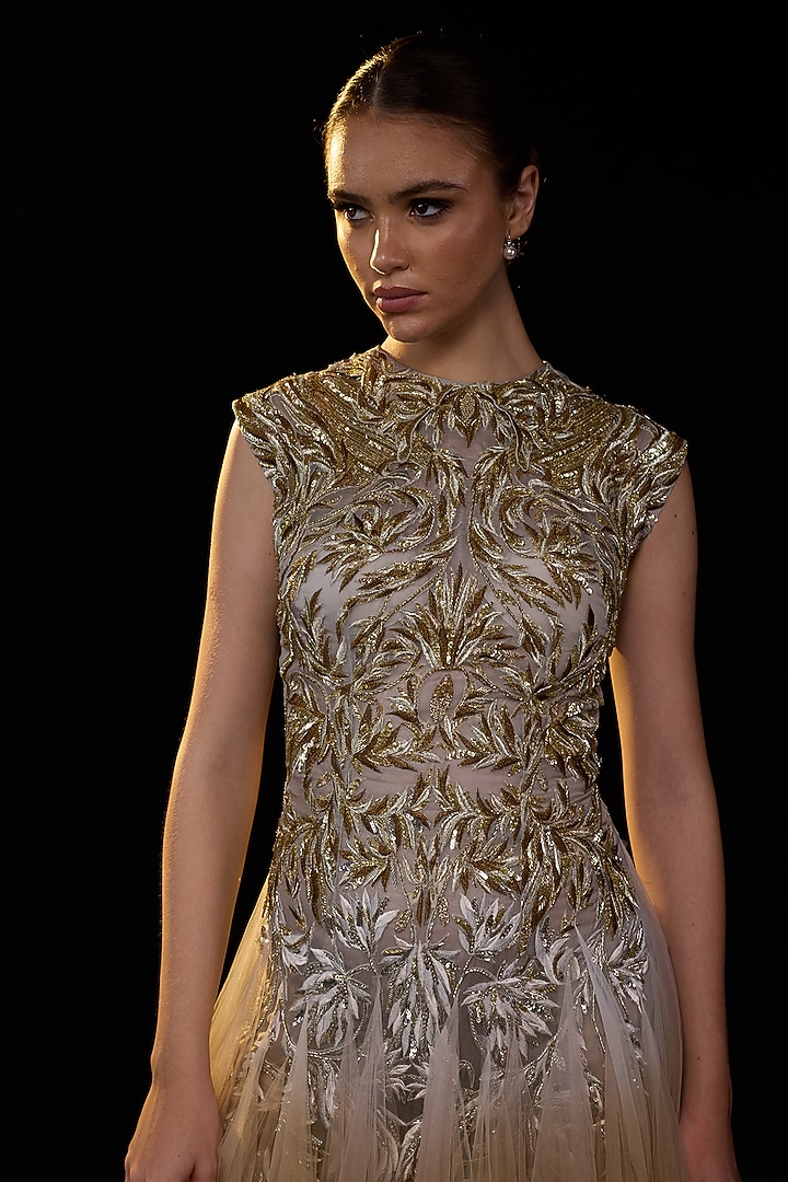 Beige Cotton Silk Embroidered Wedding Gown by Samant Chauhan at Pernia's Pop Up Shop