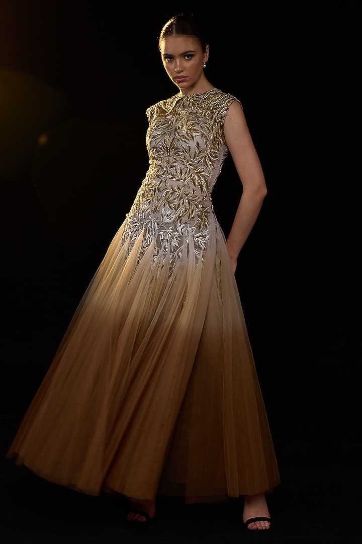 Beige Cotton Silk Embroidered Wedding Gown by Samant Chauhan at Pernia's Pop Up Shop