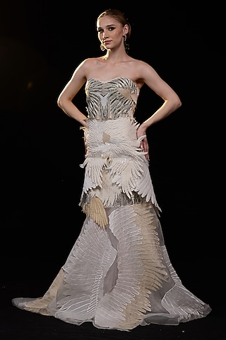 Grey Cotton Silk Embroidered Gown by Samant Chauhan