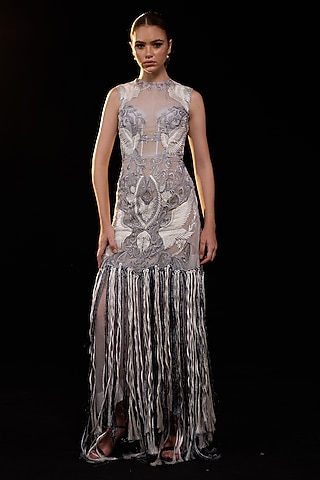 Grey Cotton Silk Embroidered Gown by Samant Chauhan