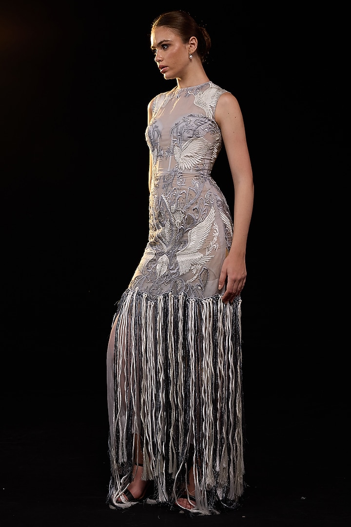 Grey Cotton Silk Embroidered Wedding Gown by Samant Chauhan at Pernia's Pop Up Shop