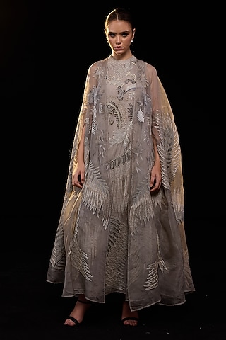 Grey Cotton Silk Embroidered Gown by Samant Chauhan