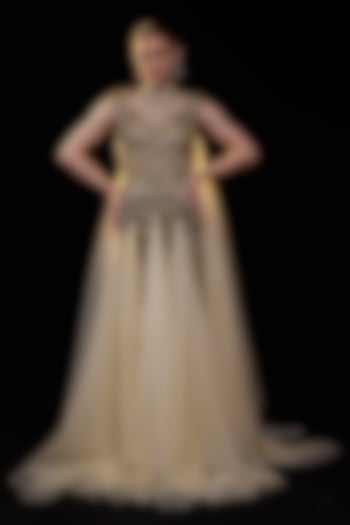 Beige Velvet Embroidered Wedding Gown by Samant Chauhan at Pernia's Pop Up Shop