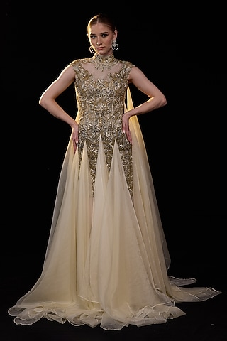 Beige Velvet Embroidered Gown by Samant Chauhan