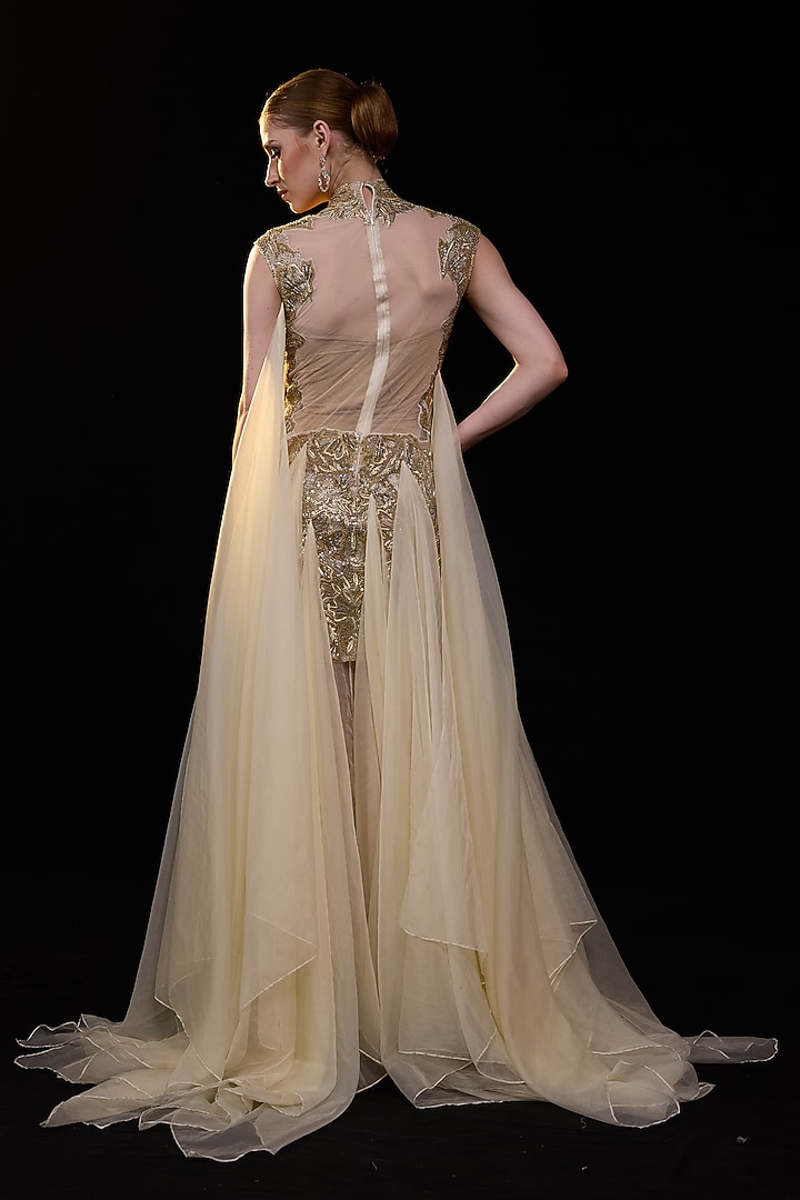 Beige Velvet Embroidered Wedding Gown by Samant Chauhan at Pernia's Pop Up Shop