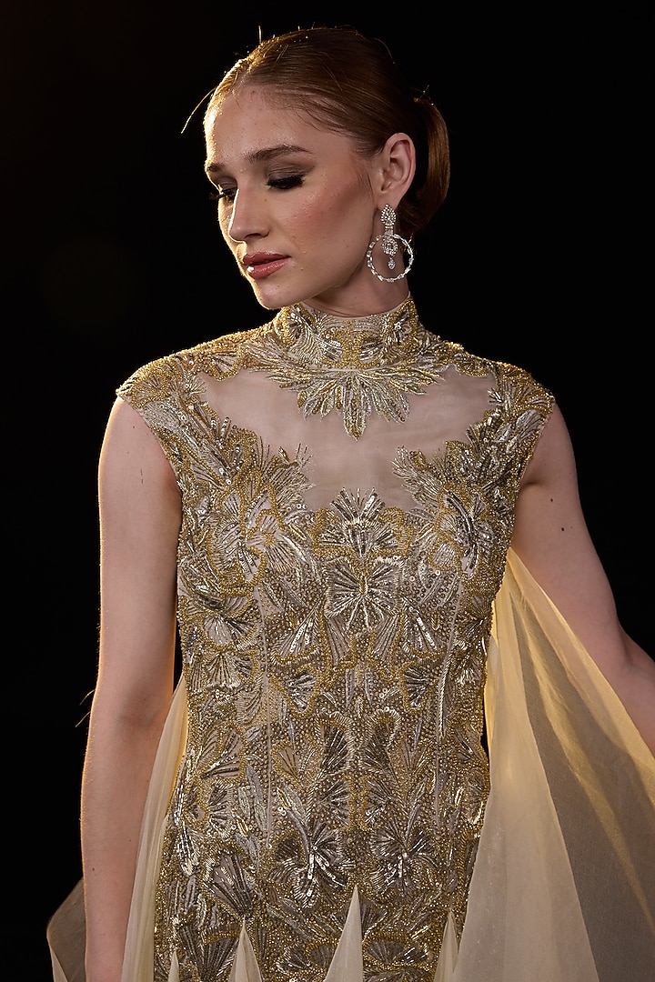 Beige Velvet Embroidered Wedding Gown by Samant Chauhan at Pernia's Pop Up Shop