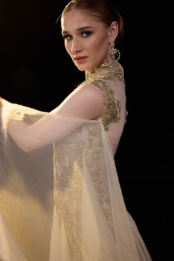 Beige Velvet Embroidered Wedding Gown by Samant Chauhan at Pernia's Pop Up Shop