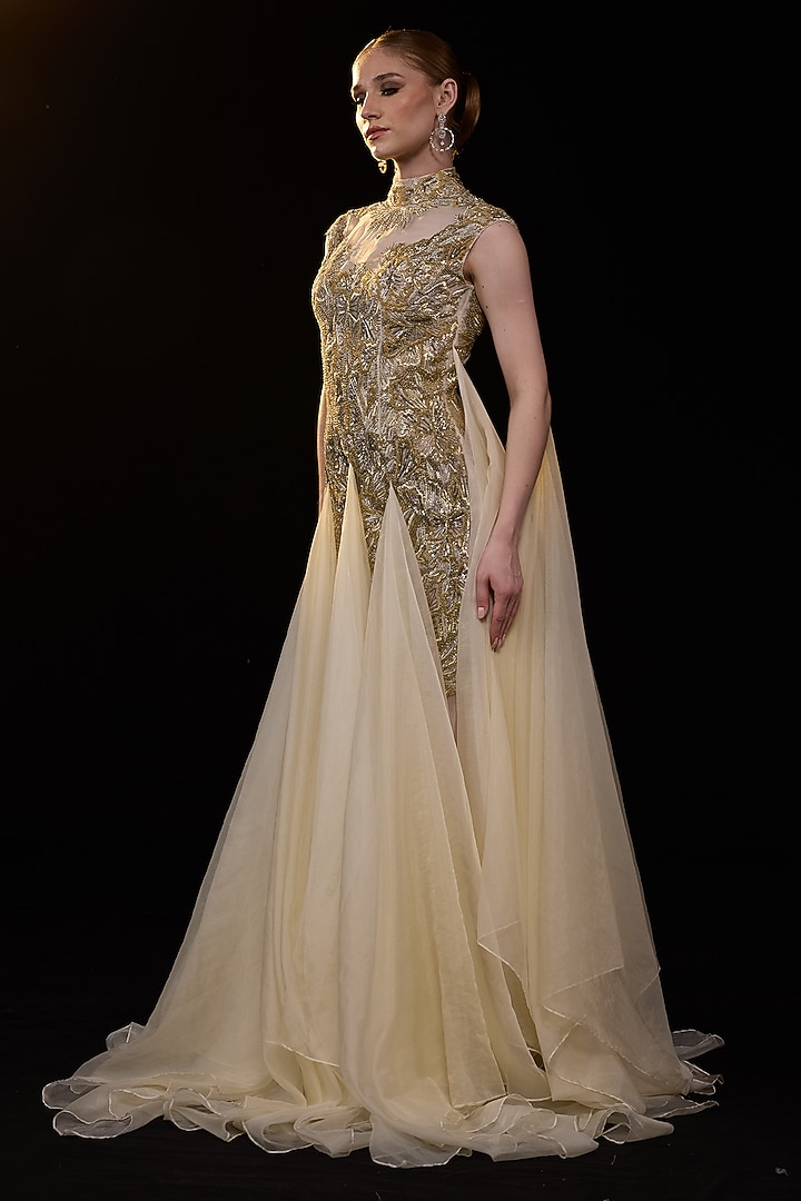 Beige Velvet Embroidered Wedding Gown by Samant Chauhan at Pernia's Pop Up Shop