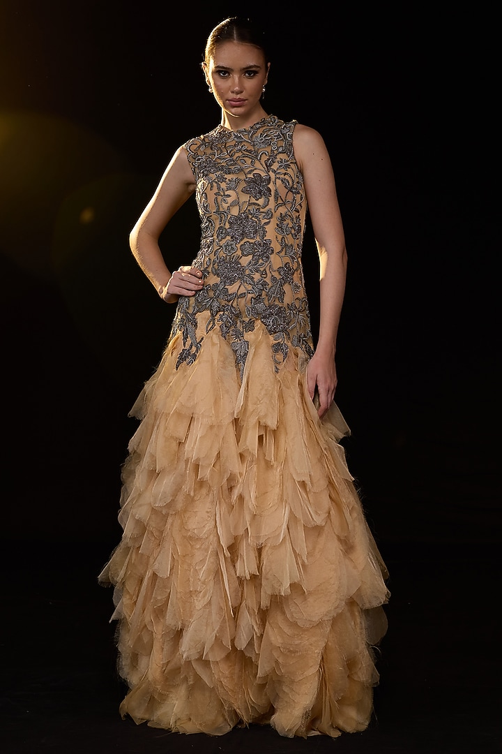 Beige Organza Silk Embroidered Wedding Gown by Samant Chauhan at Pernia's Pop Up Shop