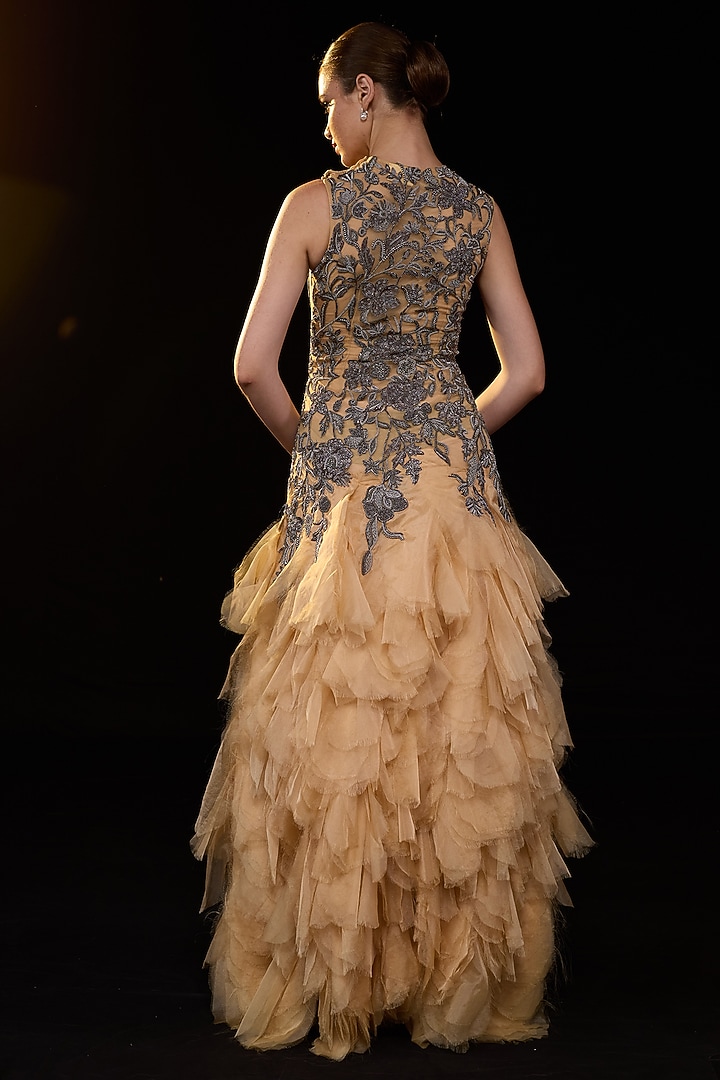Beige Organza Silk Embroidered Wedding Gown by Samant Chauhan at Pernia's Pop Up Shop