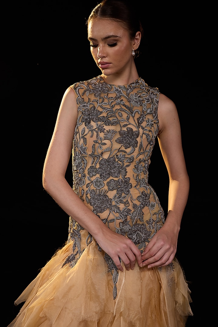 Beige Organza Silk Embroidered Wedding Gown by Samant Chauhan at Pernia's Pop Up Shop
