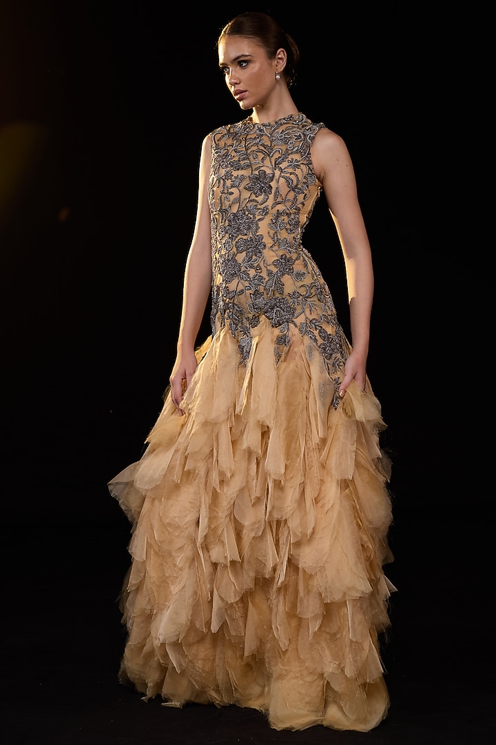 Beige Organza Silk Embroidered Wedding Gown by Samant Chauhan at Pernia's Pop Up Shop
