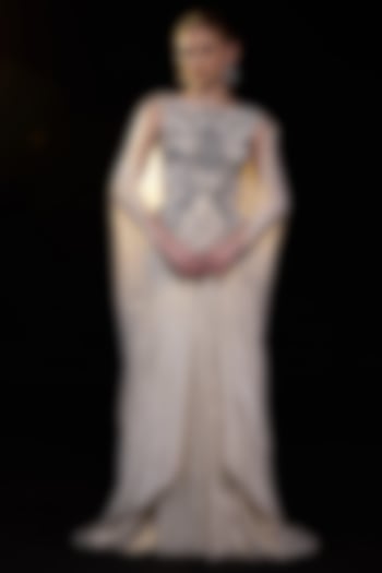 Off-White Organza & Cotton Silk Embroidered Draped Engagement Gown by Samant Chauhan at Pernia's Pop Up Shop