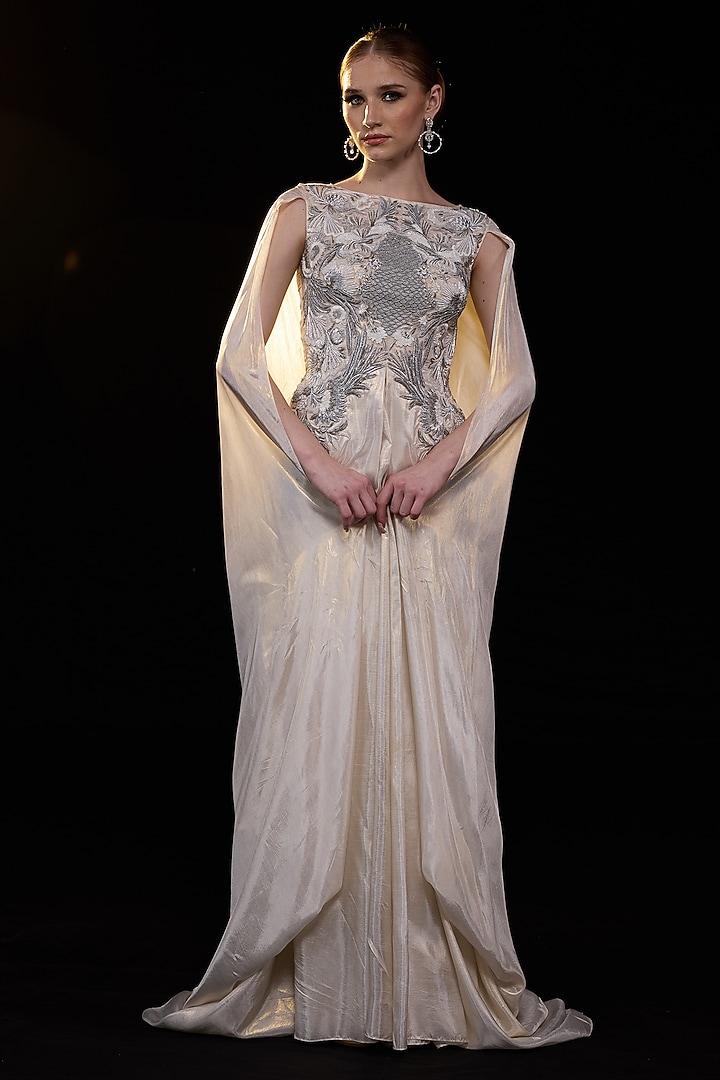 Off-White Organza & Cotton Silk Embroidered Draped Engagement Gown by Samant Chauhan at Pernia's Pop Up Shop