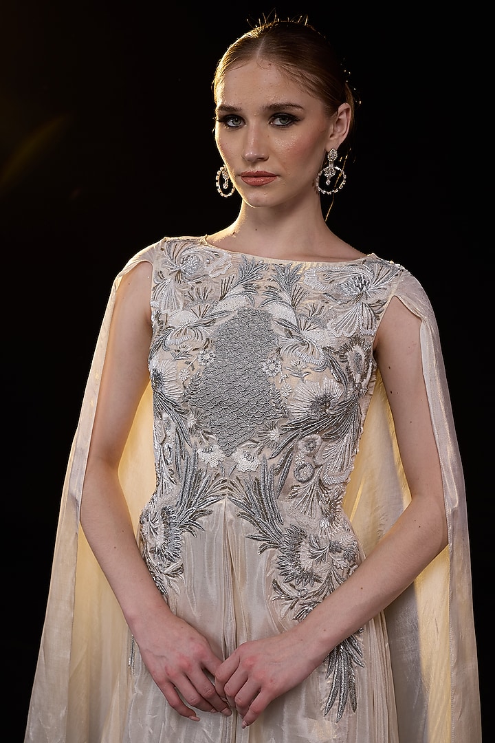 Off-White Organza & Cotton Silk Embroidered Draped Engagement Gown by Samant Chauhan at Pernia's Pop Up Shop