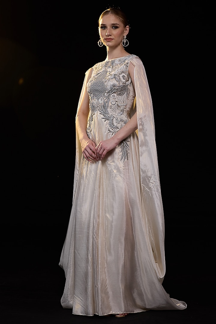 Off-White Organza & Cotton Silk Embroidered Draped Engagement Gown by Samant Chauhan at Pernia's Pop Up Shop