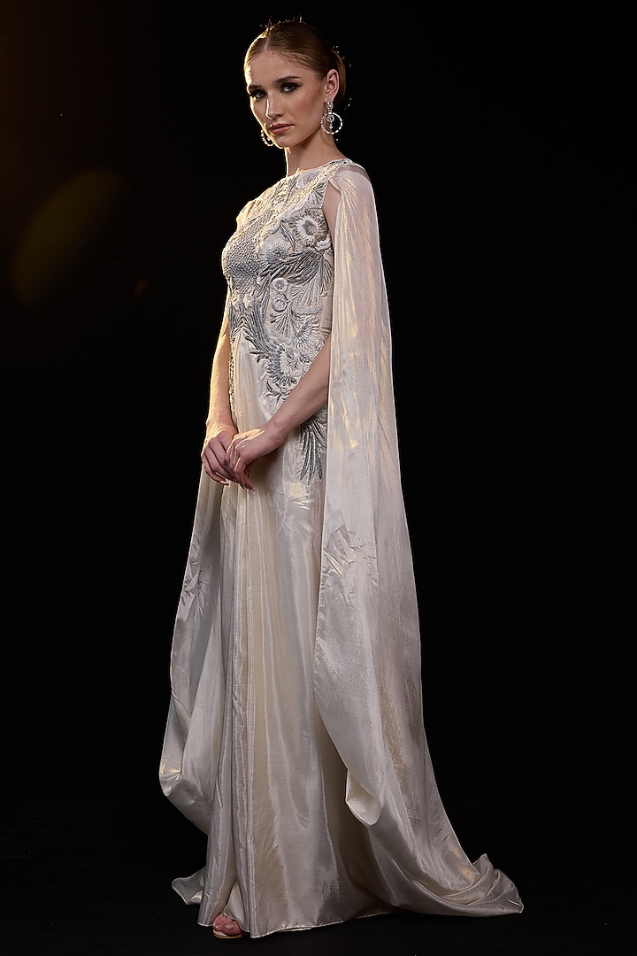 Off-White Organza & Cotton Silk Embroidered Draped Engagement Gown by Samant Chauhan at Pernia's Pop Up Shop