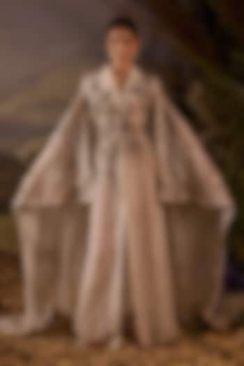 Off-White Organza & Cotton Silk Embroidered Cape Engagement Gown by Samant Chauhan at Pernia's Pop Up Shop