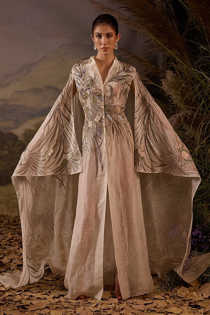 Off-White Organza & Cotton Silk Embroidered Cape Engagement Gown by Samant Chauhan at Pernia's Pop Up Shop