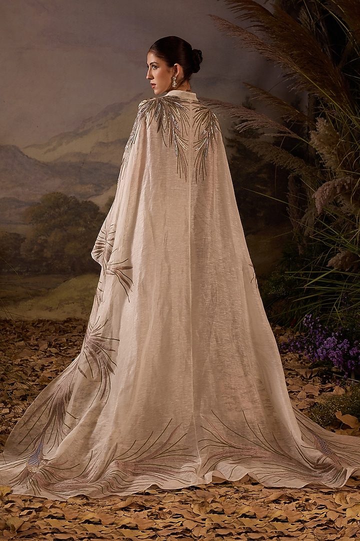 Off-White Organza & Cotton Silk Embroidered Cape Engagement Gown by Samant Chauhan at Pernia's Pop Up Shop