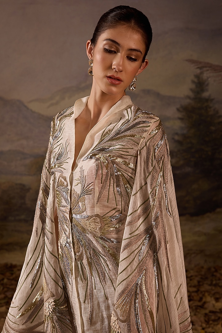 Off-White Organza & Cotton Silk Embroidered Cape Engagement Gown by Samant Chauhan at Pernia's Pop Up Shop