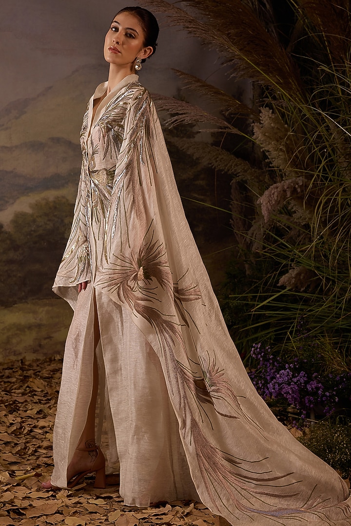Off-White Organza & Cotton Silk Embroidered Cape Engagement Gown by Samant Chauhan at Pernia's Pop Up Shop