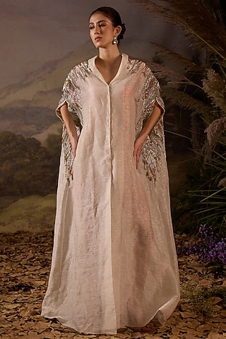 Off-White Organza & Cotton Silk Hand Embroidered Cape by Samant Chauhan