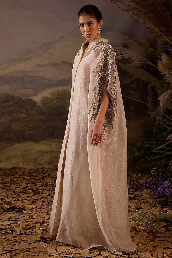 Off-White Organza & Cotton Silk Hand Embroidered Cape by Samant Chauhan at Pernia's Pop Up Shop