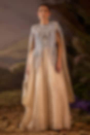 Off-White Organza & Cotton Silk Embroidered Cape Engagement Gown by Samant Chauhan at Pernia's Pop Up Shop