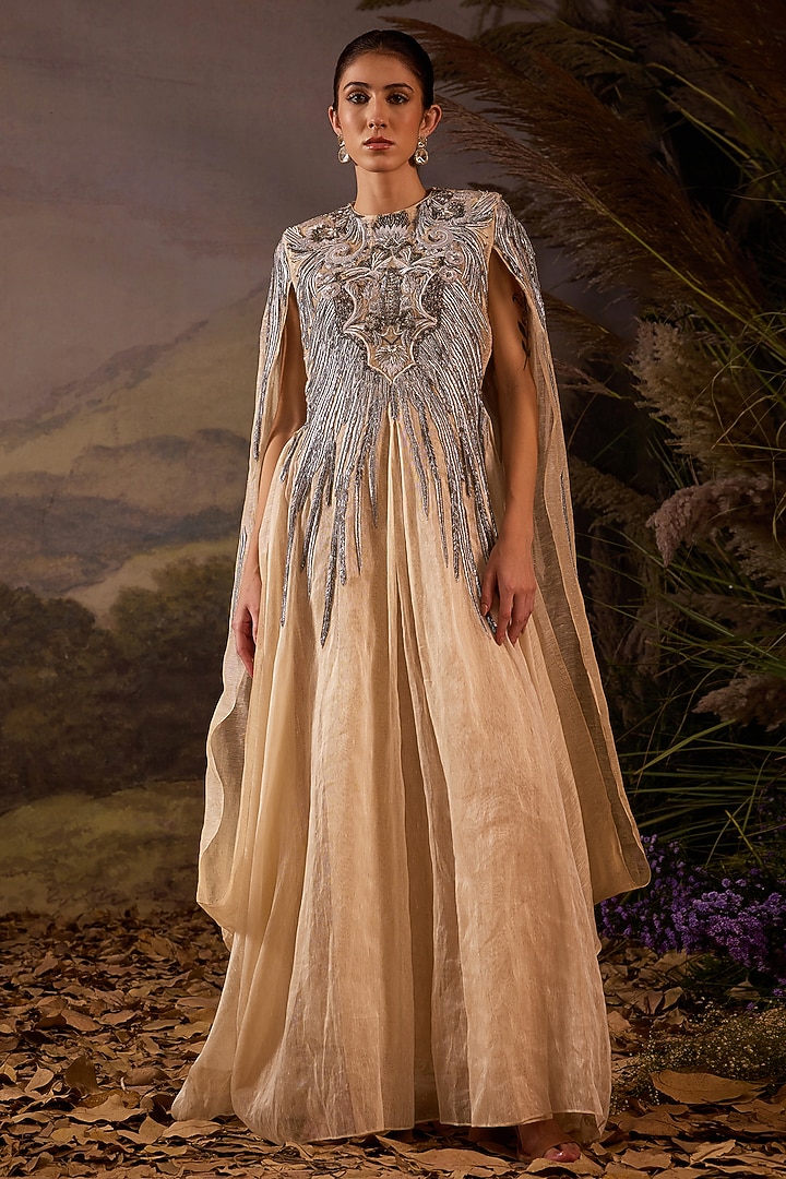 Off-White Organza & Cotton Silk Embroidered Cape Engagement Gown by Samant Chauhan at Pernia's Pop Up Shop