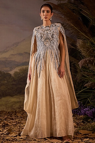 Off-White Organza & Cotton Silk Embroidered Cape Gown by Samant Chauhan