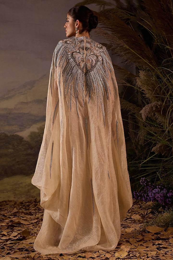 Off-White Organza & Cotton Silk Embroidered Cape Engagement Gown by Samant Chauhan at Pernia's Pop Up Shop