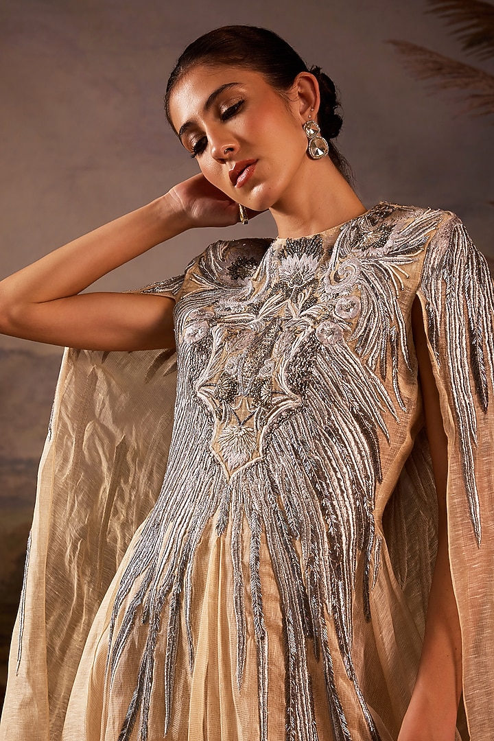 Off-White Organza & Cotton Silk Embroidered Cape Engagement Gown by Samant Chauhan at Pernia's Pop Up Shop