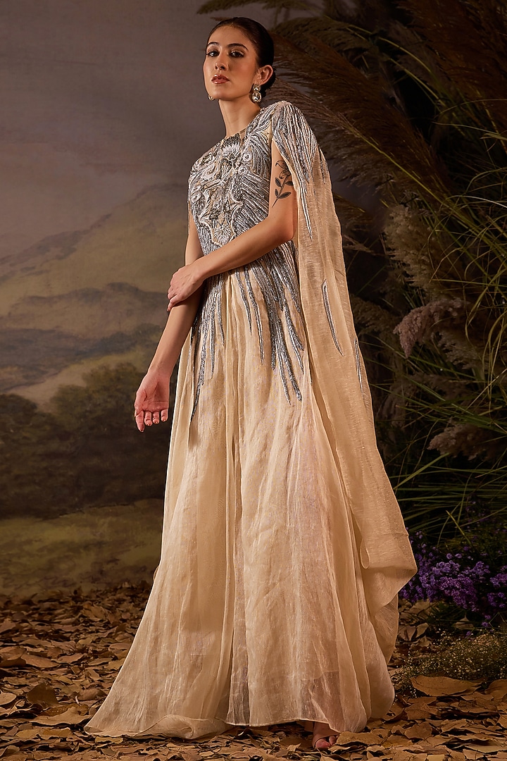 Off-White Organza & Cotton Silk Embroidered Cape Engagement Gown by Samant Chauhan at Pernia's Pop Up Shop