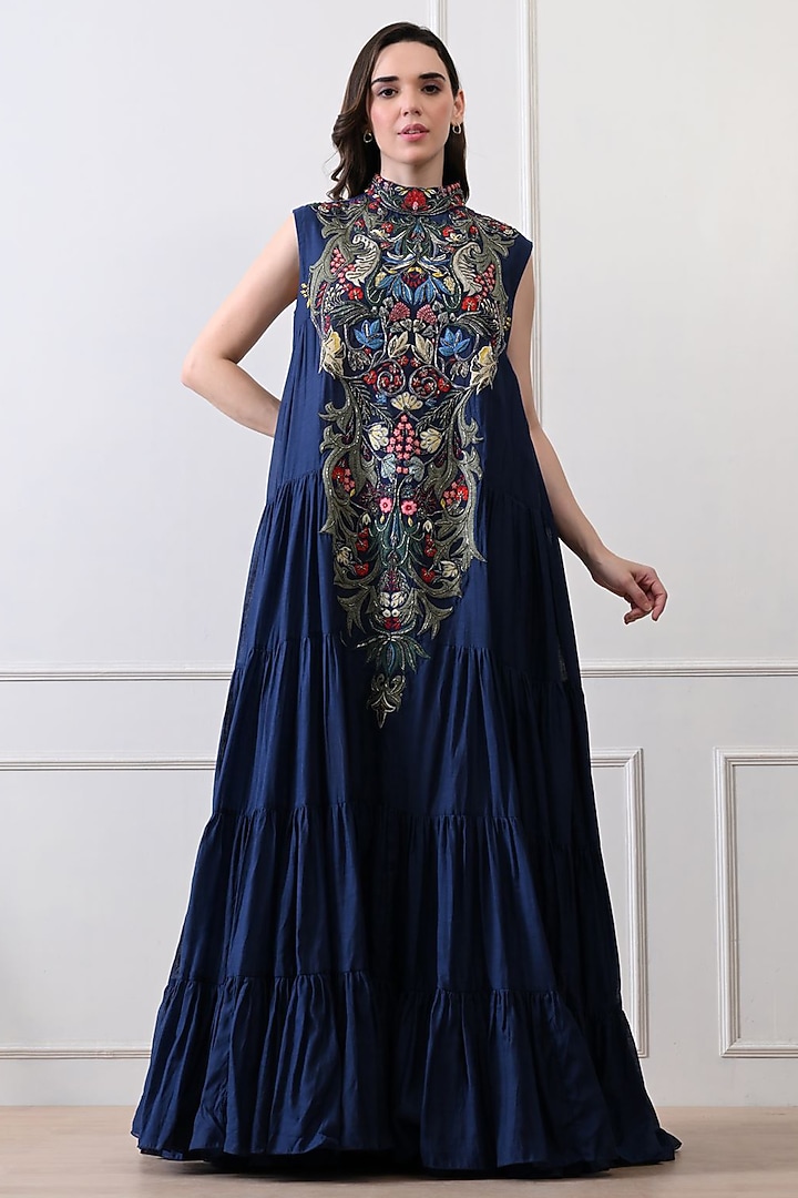 Blue Organza Hand Embroidered Maxi Party Wear Dress by Samant Chauhan at Pernia's Pop Up Shop