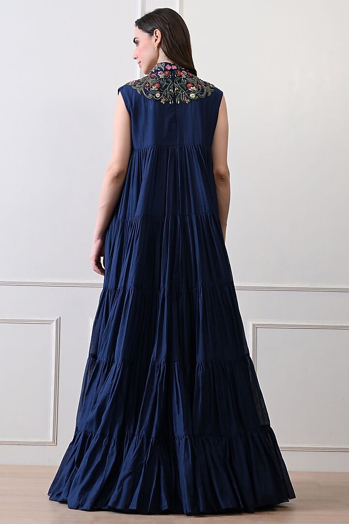 Blue Organza Hand Embroidered Maxi Party Wear Dress by Samant Chauhan at Pernia's Pop Up Shop