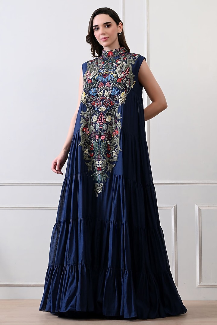 Blue Organza Hand Embroidered Maxi Party Wear Dress by Samant Chauhan at Pernia's Pop Up Shop
