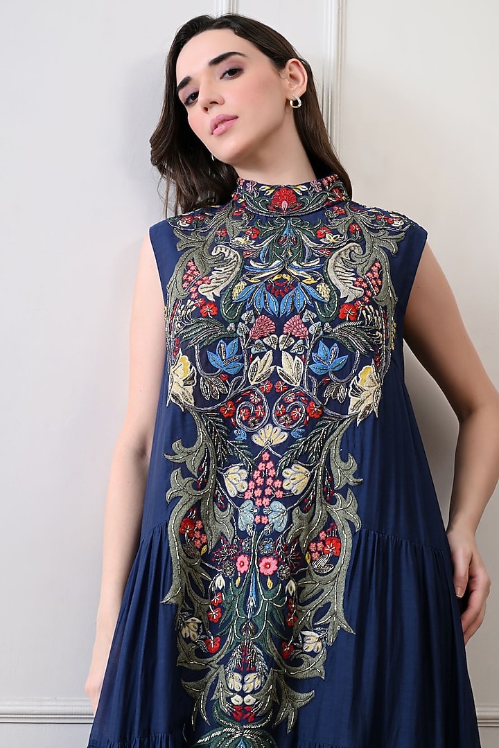 Blue Organza Hand Embroidered Maxi Party Wear Dress by Samant Chauhan at Pernia's Pop Up Shop