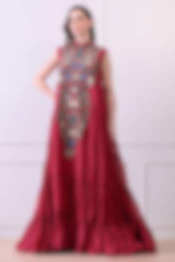 Maroon Organza Hand Embroidered Maxi Party Wear Dress by Samant Chauhan at Pernia's Pop Up Shop