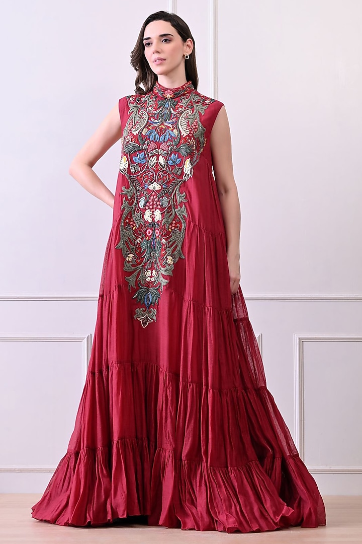 Maroon Organza Hand Embroidered Maxi Party Wear Dress by Samant Chauhan at Pernia's Pop Up Shop