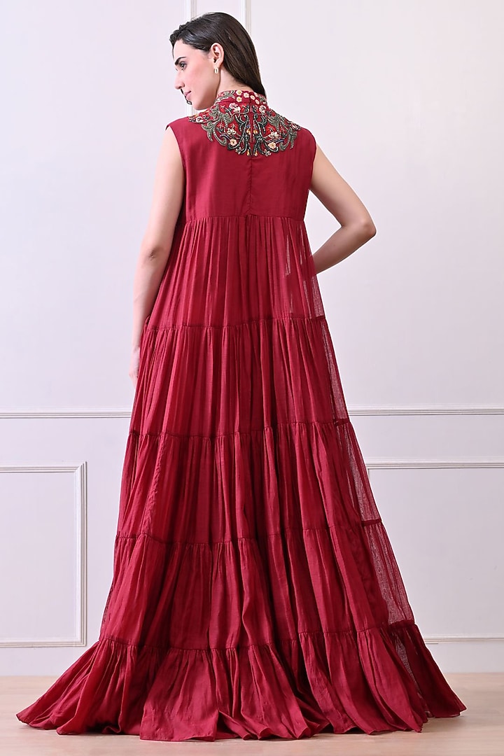 Maroon Organza Hand Embroidered Maxi Party Wear Dress by Samant Chauhan at Pernia's Pop Up Shop