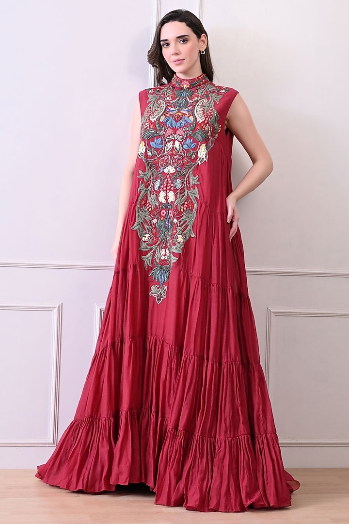 Maroon Organza Hand Embroidered Maxi Party Wear Dress by Samant Chauhan at Pernia's Pop Up Shop