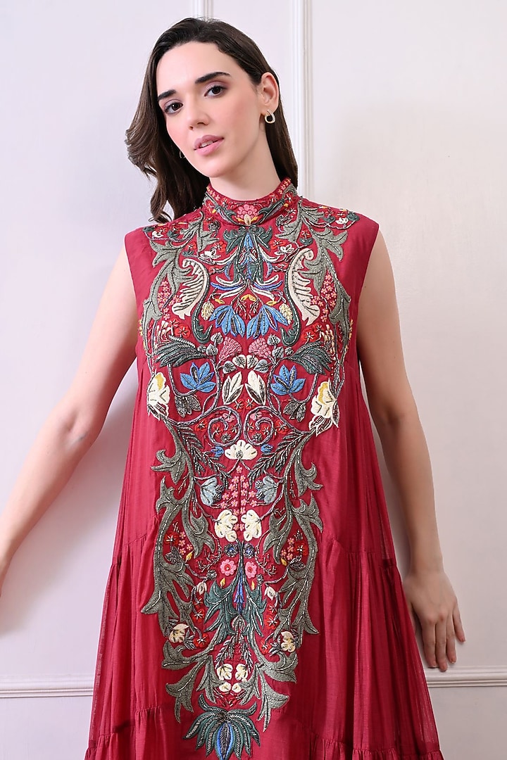 Maroon Organza Hand Embroidered Maxi Party Wear Dress by Samant Chauhan at Pernia's Pop Up Shop