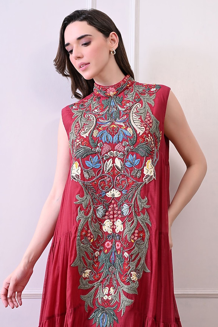 Maroon Organza Hand Embroidered Maxi Party Wear Dress by Samant Chauhan at Pernia's Pop Up Shop